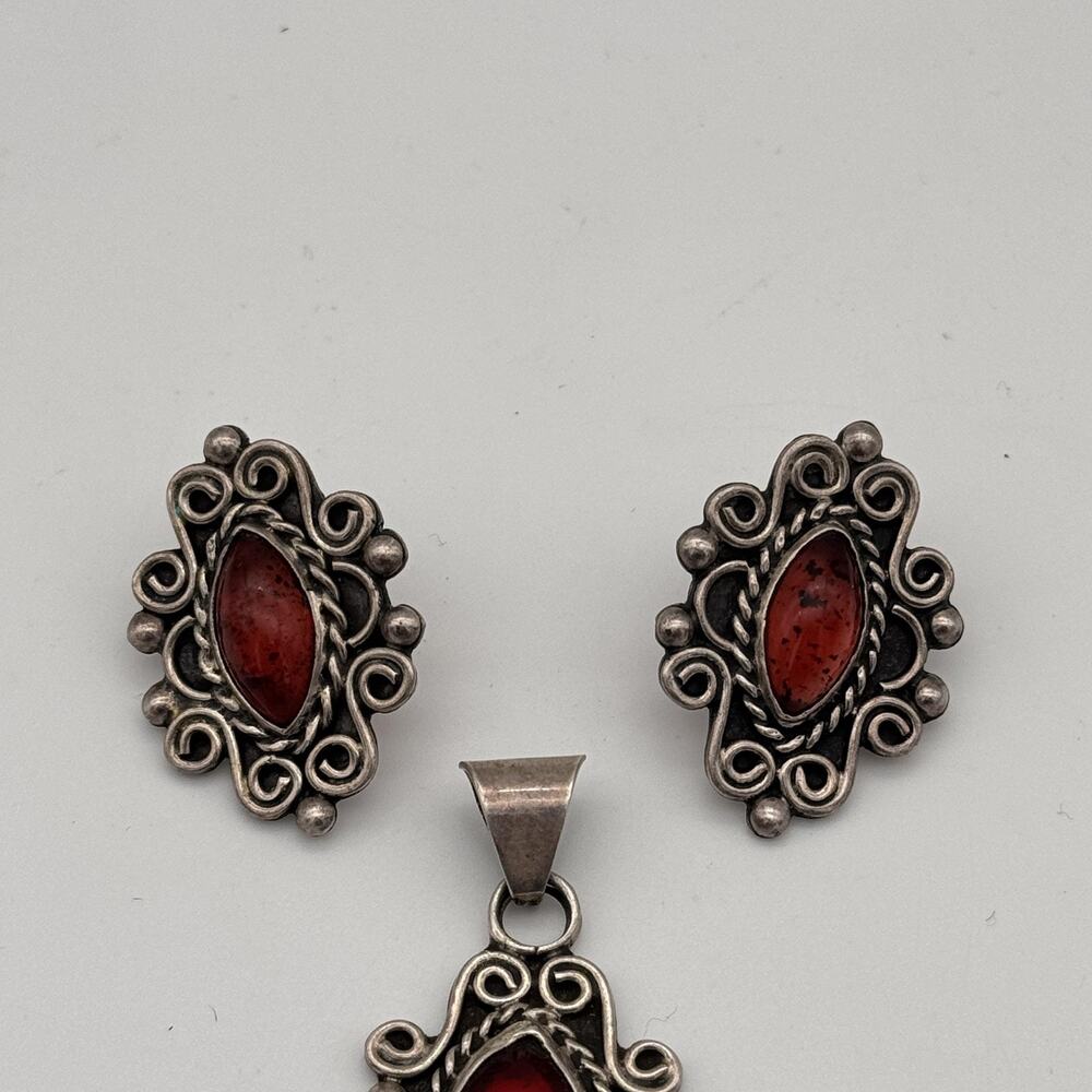 Sterling Silver Mexico Jewelry Set Earrings Pendant Filigree Cabochon Vintage - Picture 3 of 13